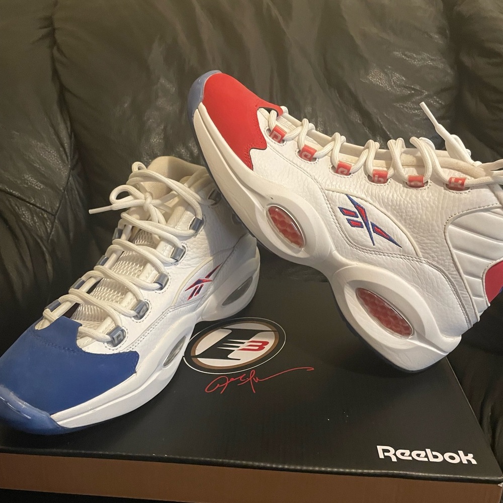 Allen Iverson Reebok THE QUESTION mid red, white and blue.